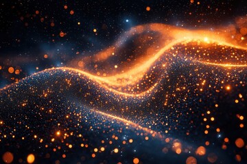Poster - Dynamic display of glowing particles in a dark environment abstract visualization of light and movement
