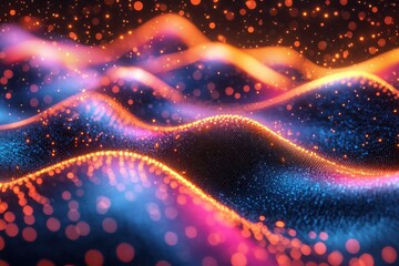 Poster - Dynamic visualization of glowing particles in a dark environment abstract art digital space creative concept