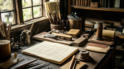 Poster - A cozy corner with a detailed setup for bookbinding, including papers, threads