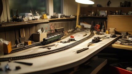 Poster - A cozy corner with a detailed setup for building scale model railways, including tracks, locomotives