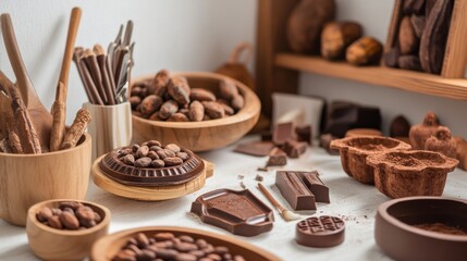 Poster - A cozy corner with a detailed setup for making artisanal chocolates, including molds, cocoa beans