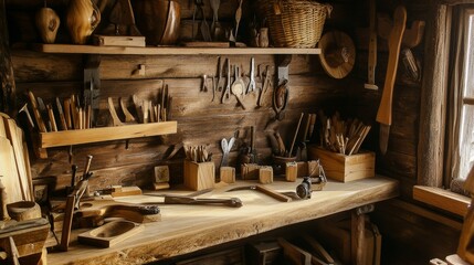 Poster - A cozy corner with a detailed setup for woodworking, including woods, hand tools