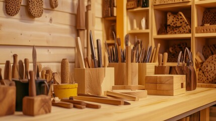 Poster - A cozy corner with a meticulous setup for wood carving, featuring various chisels and wooden blocks, A warm indoor space for the art of wood carving