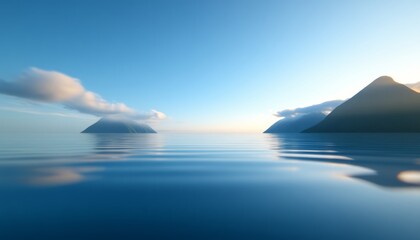 Wall Mural - Calm water reflecting mountains and sky at dawn in a serene landscape