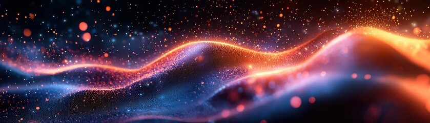 Poster - Dynamic artistry of vibrant flowing shapes with glowing particle accents in a digital realm abstract visualization high-definition imagery
