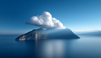 Wall Mural - A serene island landscape with cloud hovering over the peak at sunrise over calm waters