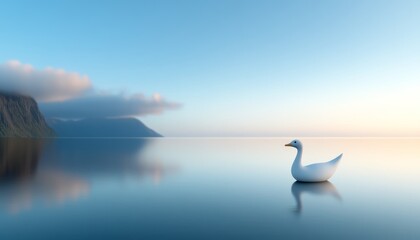 Wall Mural - A serene white duck floats peacefully in calm waters at dawn by misty mountains