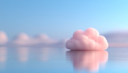 Wall Mural - Soft pink cloud floating over calm water under a clear blue sky during golden hour