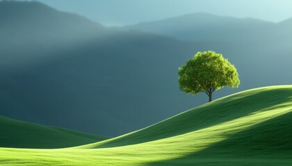 Wall Mural - A solitary green tree atop rolling hills under soft morning light in a tranquil landscape