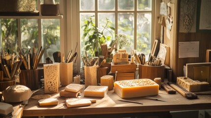 Poster - A cozy room with a detailed setup for soap carving, including various carving tools and bars of soap, An inviting indoor space dedicated to the art of soap carving