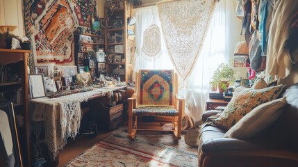 Poster - A cozy room with an elaborate needlepoint setup including hoops, threads, and patterns