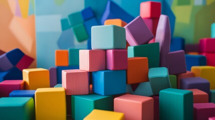 Poster - A creative block-building scene in a vibrant playroom, Colorful blocks stacked artistically, Playful artistic style
