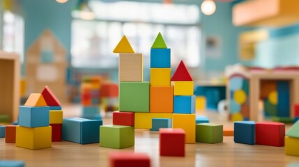 Poster - A creative building blocks scene in a children's educational center, Blocks arranged in educational patterns, Educational creativity style