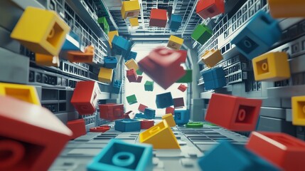 Poster - A creative building blocks scene in a futuristic space station, Blocks arranged in zero gravity, Space station creativity style