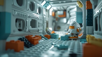 Poster - A creative building blocks scene in a futuristic space station, Blocks arranged in zero gravity, Space station creativity style