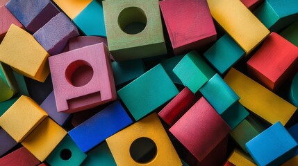 Poster - A creative composition featuring a playful block-building scene, Colorful blocks meticulously arranged, Contemporary artistic style