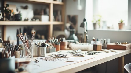 Poster - A detailed jewelry making setup in a well-lit studio, Beads and tools neatly organized on a table, Minimalist craft style