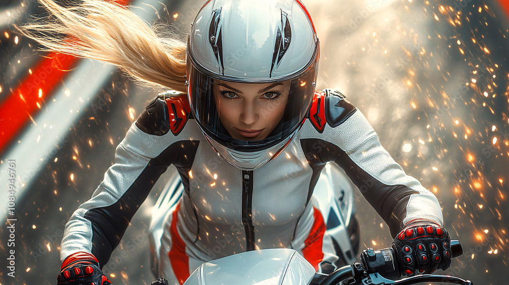 F1 Rider Riding Style Stock-Foto „A female race driver wearing an F1-style helmet and a white ...