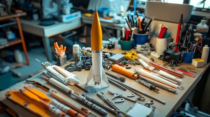 Poster - A detailed model rocket construction area in a garage, Rocket parts and tools neatly arranged, Scientific hobby style