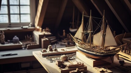 Poster - A detailed model shipbuilding station in a quiet attic, Model ship kits and tools neatly arranged, Minimalist hobby style