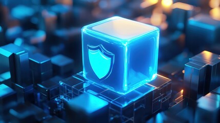Poster - A glowing blue shield icon on a transparent cube, symbolizing digital security and protection.