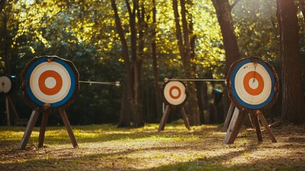 Poster - A dynamic archery range with bows and targets set up in a woodland clearing, Archers aiming at distant targets under dappled sunlight, Action sports photography style