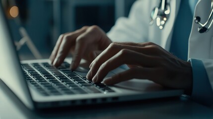 Poster - Close-up of Doctor's Hands Typing on a Laptop Keyboard