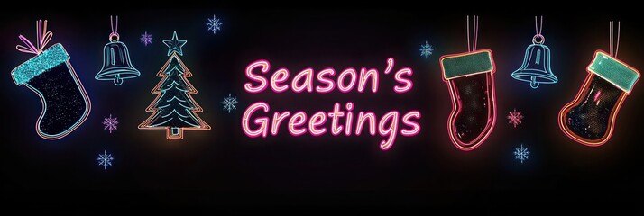 Poster - Nostalgic 1980s Christmas banner with neon signs of trees, bells, and stockings glowing against a dark background, creating a lively, retro atmosphere. Text: 