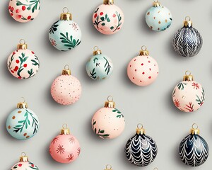 Wall Mural - A seamless Pattern Colorful holiday ornaments in various designs, perfect for festive decoration.