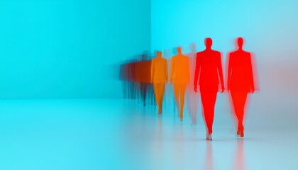 Poster - Colorful silhouettes walking in an abstract space with vibrant blue and orange lighting