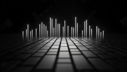 Poster - Linear light bars create an abstract visual rhythm on a dark grid surface at night