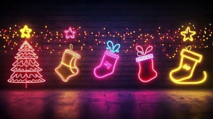 Poster - Nostalgic Christmas scene with neon Christmas symbols--trees, bells, and stockings--glowing brightly on a dark, retro background.