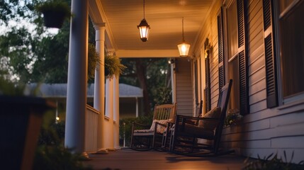 Poster - Rocking Chairs on a Porch Illuminated by Hanging Lanterns
