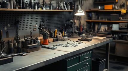 Poster - A neat metalworking station in a well-lit workshop, Metalworking tools and materials neatly arranged on a workbench, Minimalist industrial style