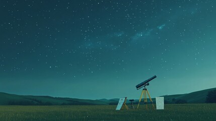 Poster - A neat stargazing setup on a clear night, Telescope and star charts neatly placed on a grassy field, Minimalist astronomical style