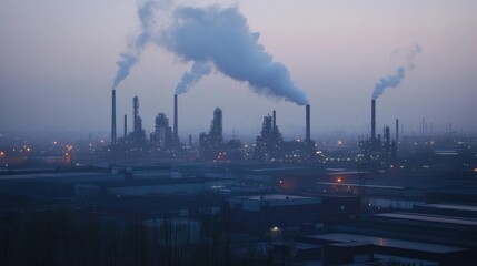 Poster - Industrial Complex with Smoke Plumes at Dusk