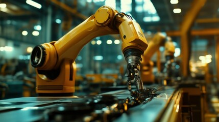 Poster - Close-up of a yellow robotic arm in an industrial setting