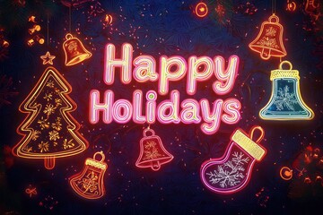 Poster - Retro-style Christmas scene with neon lights shaped like classic holiday symbols--trees, bells, and stockings--set against a rich, dark background with 