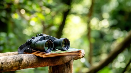 Poster - A peaceful birdwatching expedition in a secluded nature reserve, Binoculars and guidebooks ready for bird observation, Wildlife discovery style