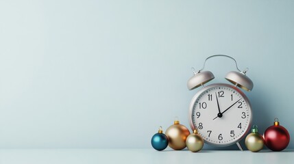 Poster - Minimalist Festive Alarm Clock with Christmas Ornaments Against Clean Background