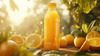 Poster - A Bottle of Orange Juice with Fresh Oranges and Sunlight