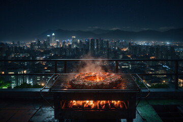 Wall Mural - Grill on rooftop, bulgogi meat steaming, lettuce nearby, cityscape glowing with vibrant night lights