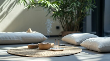 Poster - A peaceful meditation corner with cushions and incense, Zen garden elements neatly arranged, Minimalist spiritual style