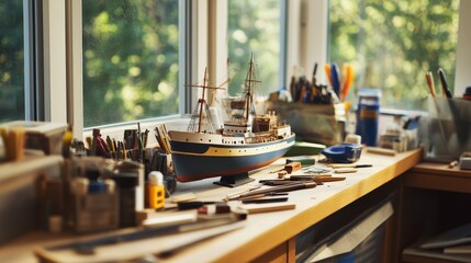 Aufkleber - A peaceful model shipbuilding station by a window, Tools, paints