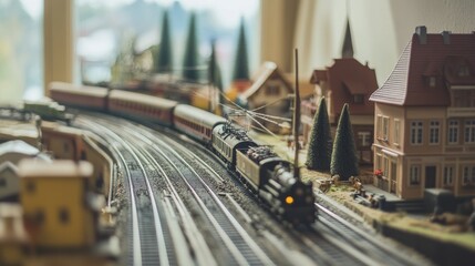 Poster - A peaceful model train layout with tracks and trains meticulously arranged, A cozy room with detailed miniature landscapes, Minimalist hobby style