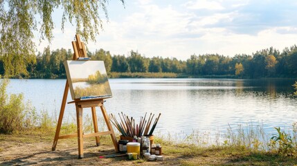 Poster - A peaceful painting easel by a lakeside, Brushes, paints