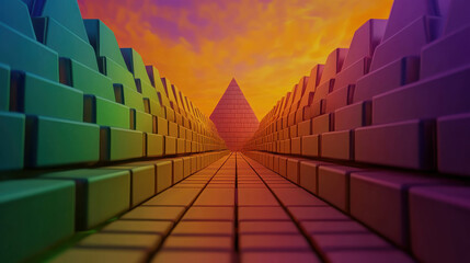 Poster - Colorful Geometric Landscape with Pyramids and Vibrant Sky, Abstract Art with Cubes Creating Depth and Perspective in 3D Environment