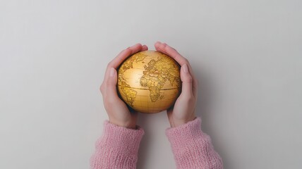 Poster - A pair of hands gently holds a textured, golden sphere against a light background, showcasing a focus on natural forms and tactile sensations.
