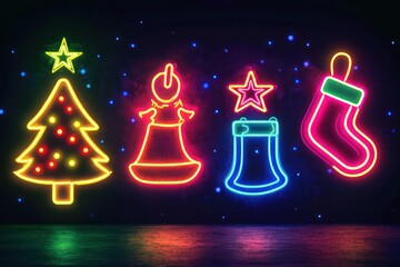 Poster - Retro neon Christmas banner with bright neon signs shaped like trees, bells, and stockings glowing vibrantly against a dark background