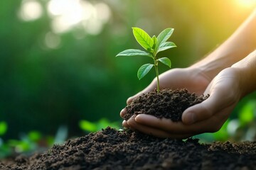 hands holding a small plant with dirt, green grass background. stock photo contest winner. close-up 
